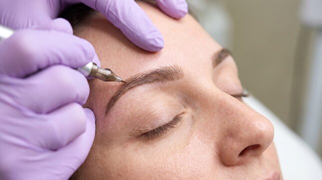 A skilled technician applies permanent makeup to a woman's eyebrows in a salon.