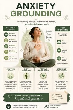 Anxiety grounding techniques informational poster for mental health awareness with calming illustrations and meditation steps