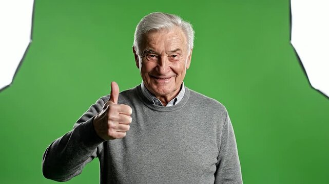 Elderly Gentleman With Silver Hair Showing Thumbs Up Against Green Screen Background Positive Lifestyle Wellness Theme