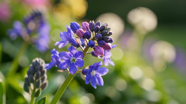 Macro shot of blue star-shaped flowers and pink buds on a green stem with water droplets, illuminated by warm sunlight against a soft green bokeh garden background at sunset.
