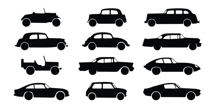 Vintage car types set icon Silhouette Vector black design on a white background