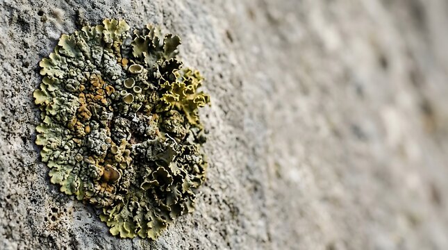 Macro shot of circular lichen growing on a textured rock surface