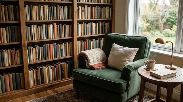 Cozy home library with green velvet armchair and wooden bookshelves