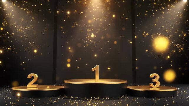 Golden podium with numbers one two three and falling confetti on a dark background with spotlights video