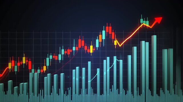 Financial market analysis with candlestick chart and bar graph showing growth and decline finance stock