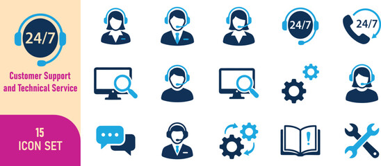 Fototapeta premium Customer Support and Technical Service Icons Set - 24/7 Help Desk Vector Collection