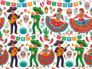 Fototapeta premium Seamless Mexican Celebration Pattern with Mariachi Musicians and Folk Dancers