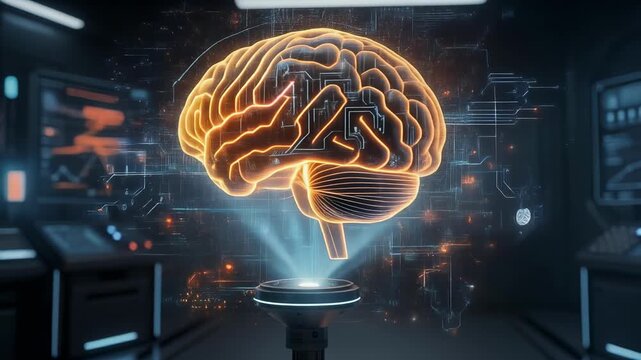 Futuristic laboratory with glowing holographic brain and advanced technology in a modern science environment