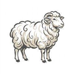 A fluffy white sheep with curly horns stands on a white background. © Luffy