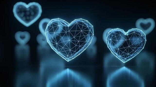 Blue glowing heart shapes made of connected lines floating in dark reflective space animation