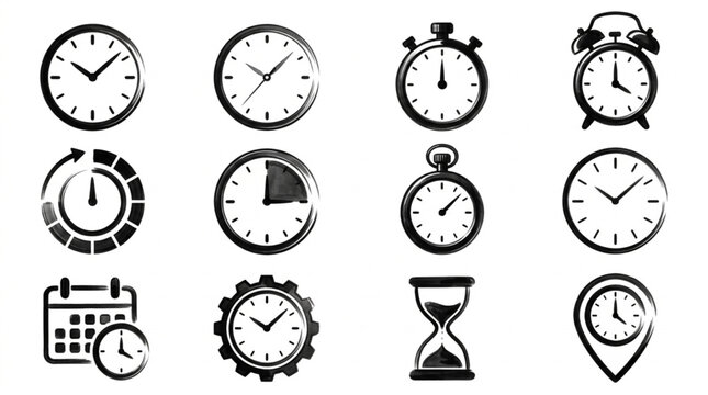 Collection of different clock icons and timekeeping devices.