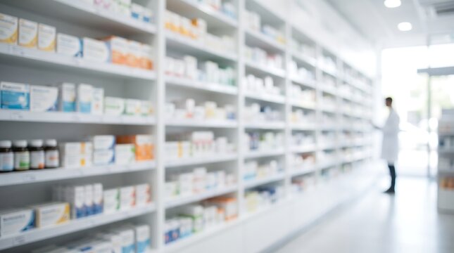 Pharmacist standing behind white shelves filled with various medicine boxes and bottles in pharmacy store blurred background for medical and healthcare industry concepts