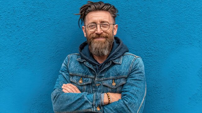 Portrait of a man with a beard and glasses smiles in front of a blue wall