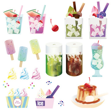 夏のひんやりスイーツとドリンクのイラスト素材セット（アイス・パフェ・かき氷・プリン）Summer cool sweets and drink vector illustration set, ice cream and parfait