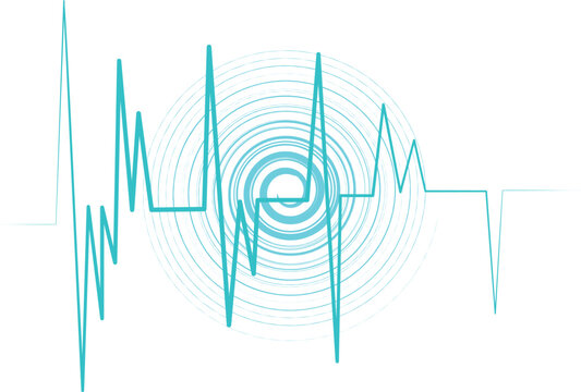 Earthquake seismogram wave illustration with a circular epicenter spiral, blue line on white background.
