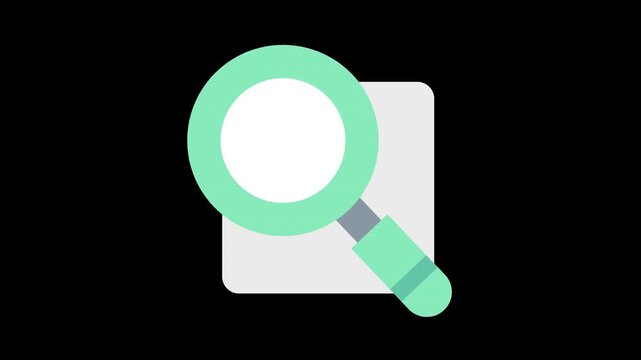 Flat vector icon of a green magnifying glass symbol on a grey square card over black background representing search, focus, or find