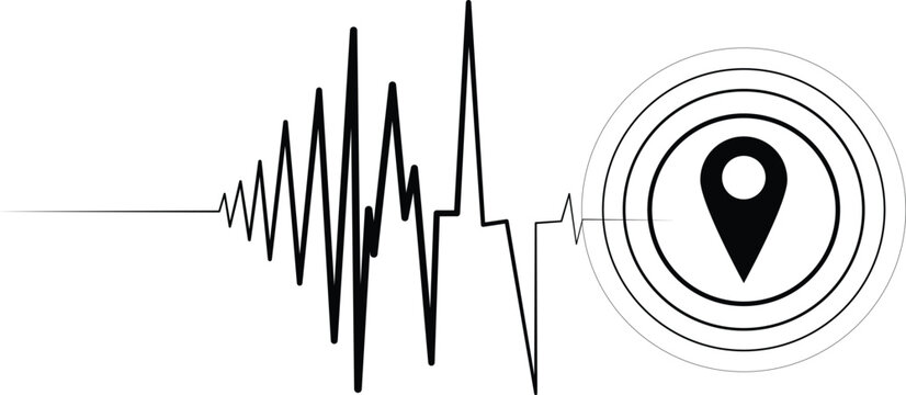 Earthquake epicenter location pin icon with growing seismic wave line graph, black vector pointer symbol inside concentric shockwave circles.