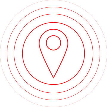 Map pointer location marker outline with expanding radar rings, GPS tracking signal radius and broadcast range concept vector icon.