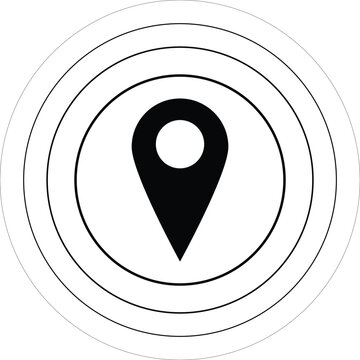 Earthquake epicenter location pin icon surrounded by concentric shockwave circles, black vector map pointer symbol isolated on white.