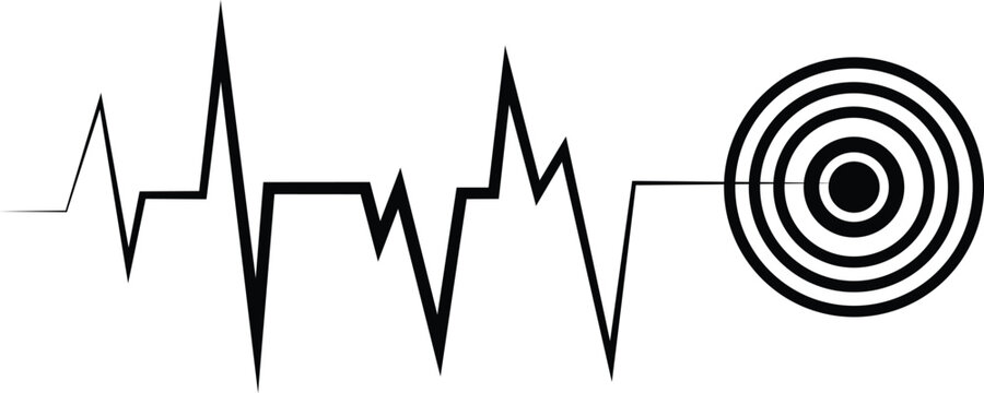 Earthquake seismic wave with concentric circle target epicenter, black vector line graph icon isolated on white background.