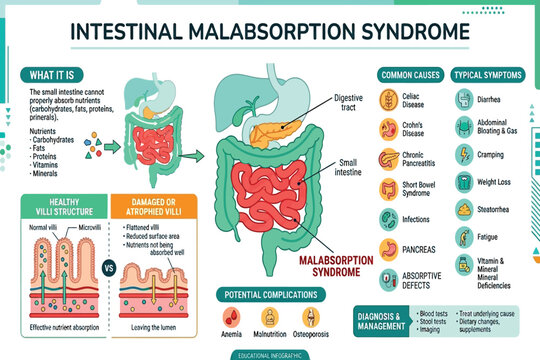 Medical infographic explaining intestinal malabsorption causes, symptoms, complications, and nutrient absorption process.