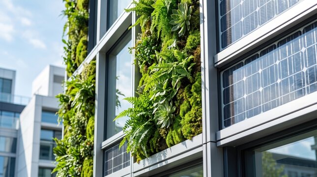 Green building facade with vertical garden and solar panels, eco-friendly architecture design, urban sustainability concept, living wall with ferns and succulents