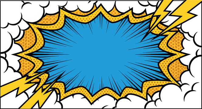 retro pop art comic book zoom background template vector featuring empty blue burst explosion frame lightning bolts and white clouds texture