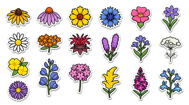 A clean, playful sticker-sheet style illustration of sixteen wildflower meadow icons arranged in a loose grid on a white background