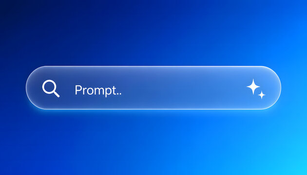 AI prompt search bar template with glassmorphism design on blue gradient background. Minimalist user interface element with magnifying glass and star icons. Creative technology text box.