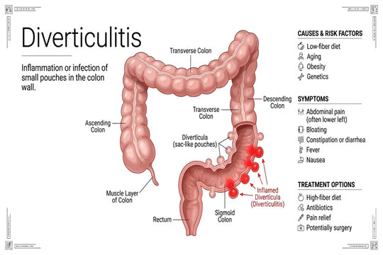 Medical illustration showing diverticulitis inflammation and infection in colon wall with symptoms and treatment.