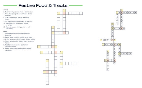Holiday crossword grid vector with festive food and treats clues, perfect for christmas educational activities and winter family entertainment