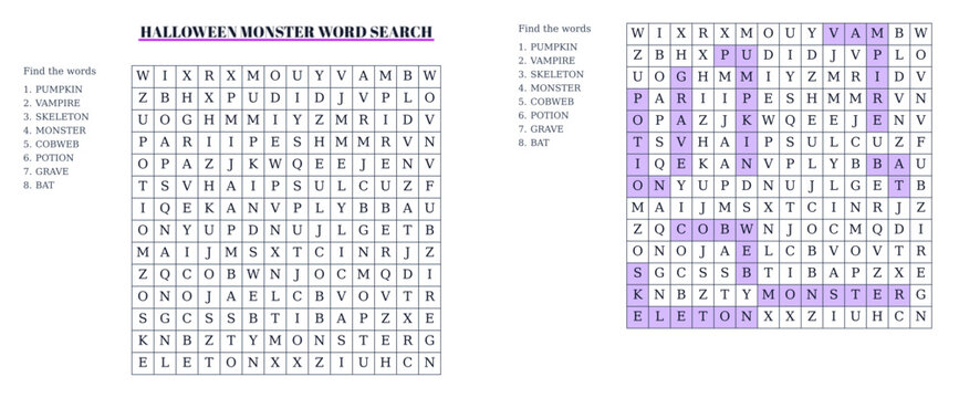 Holiday word find sheet printable vector featuring Halloween monster word search puzzle with answer key, procedural generation educational worksheet