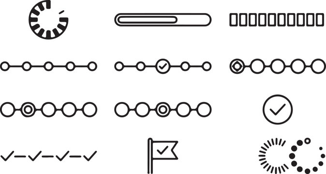 UI progress stepper and multi step wizard checkout user interface outline icon set.