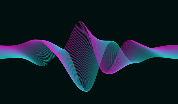 Flowing Neon Pink and Cyan Wave Ribbon of Fine Linear Curves, Representing Dynamic Sound Frequency and Digital Signal Transmission