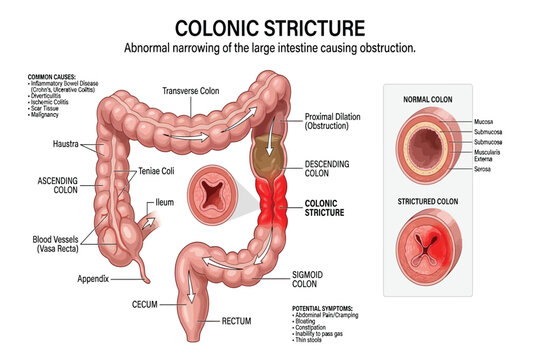 Medical illustration showing colonic stricture and intestinal obstruction with labeled anatomy and symptoms.