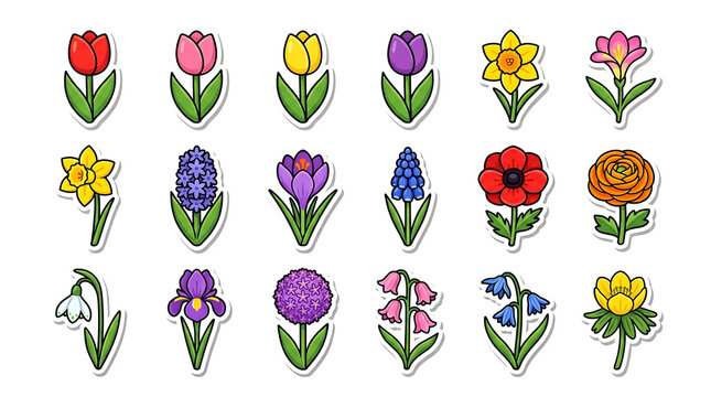 A clean, playful sticker-sheet style illustration of sixteen spring bulb flower icons arranged in a loose grid on a white background