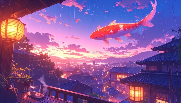 Single giant glowing koi fish floating over a Japanese town at sunset seen from a lantern-lit balcony, surreal lofi anime background
