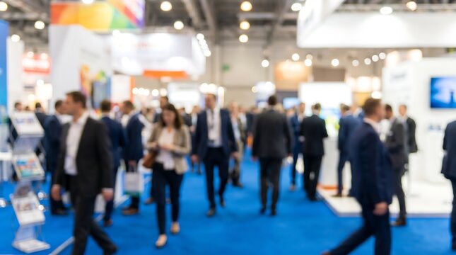 Blurred busy trade show exhibition hall with business professionals networking and walking through corporate booths for industry event and marketing conference atmosphere