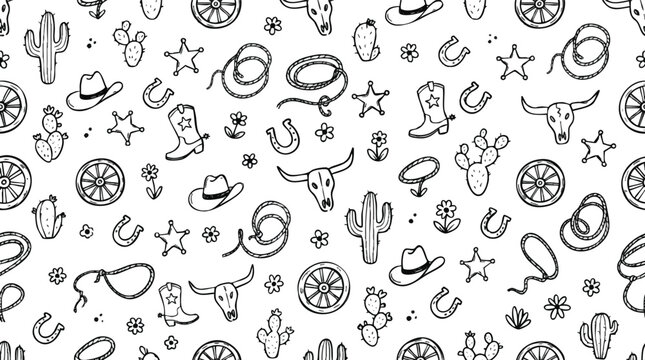 Rustic hand-drawn cowboy western themed elements create a delightful seamless pattern design