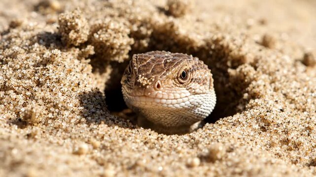 Close-up of a brown lizard peeking its head out of a circular burrow in coarse desert sand. The small reptile is seen observing its surroundings from its subterranean shelter.