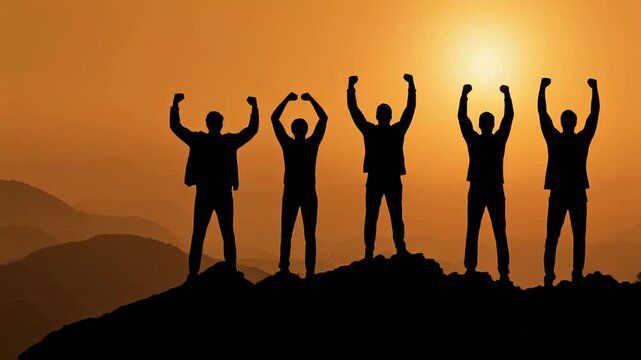 Firefly friends celebrating success on a mountaintop at sunset with raised fists and breathtaking view