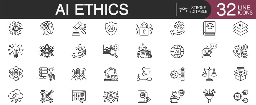 Artificial intelligence ethics line icon set featuring vector symbols for machine learning governance, data privacy regulation, and responsible technology standards.