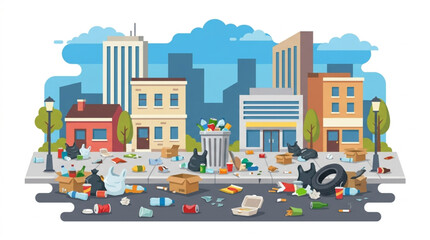 Naklejka premium Flat illustration of a city street overflowing with garbage and litter, depicting urban pollution and environmental neglect against a stylized cityscape