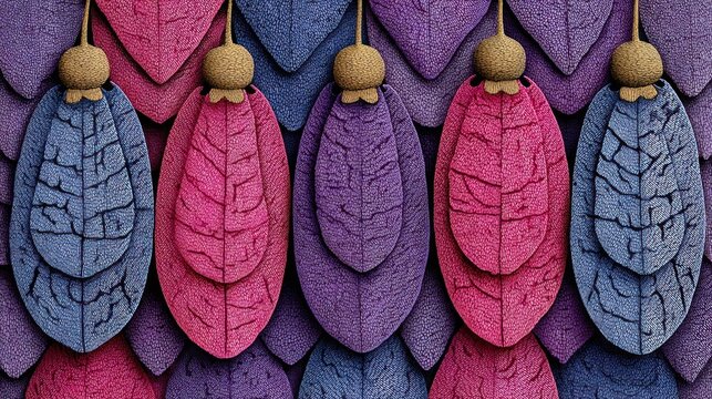 Row of brightly colored, layered textile ornaments displaying leaf-like textures and golden tops against a scaled background.