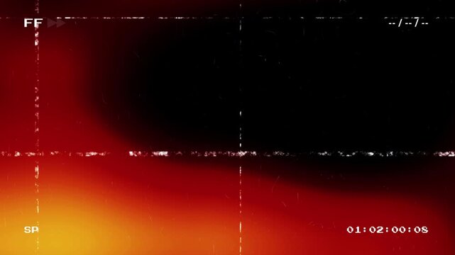Retro VHS style abstract heat map background with red and orange glowing colors and analog video overlays including timecode and fast forward symbols for a vintage glitch aesthetic