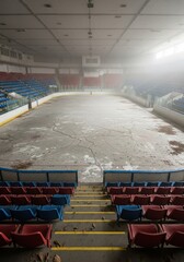 Naklejka premium Abandoned and Derelict Ice Hockey Arena with Cracked Concrete Floor and Empty Stadium Seating in Foggy Atmosphere