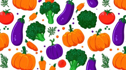Fototapeta premium Colorful arrangement of assorted produce items repeats seamlessly across a white background