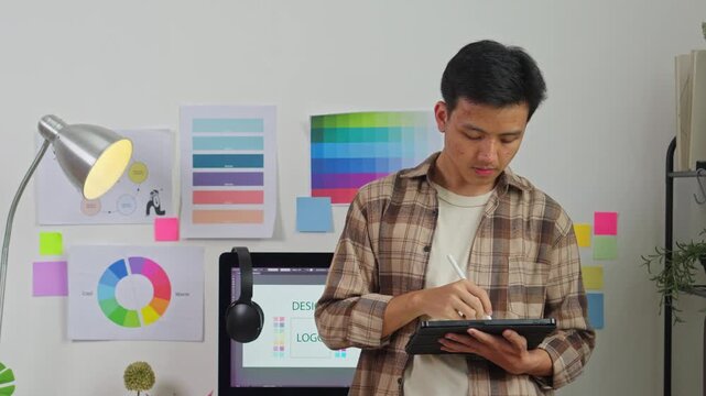 Focused graphic designers sketching ideas pausing to think and tapping head with stylus on tablet