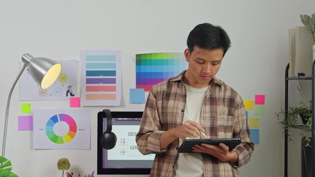 Creative graphic designer working on digital tablet in modern studio surrounded by colorful charts
