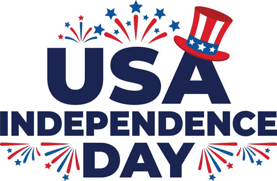 Usa independence day typography with patriotic uncle sam hat and fireworks